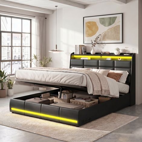 Cama doble de 140x200 cm – Cama con almacenamiento – Iluminación LED doble – Cabecero con espacio de almacenamiento – Base de láminas – Piel negra (1/5)