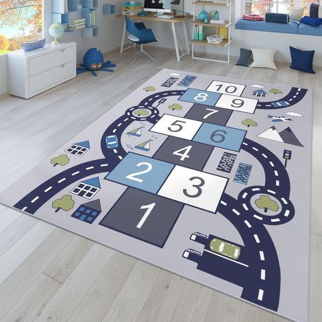 Tapis enfant de jeux route voitures – 80x160 cm – 100 % polyamide – Épaisseur 7 mm – Compatible chauffage au sol – Motifs colorés ludiques (1/5)