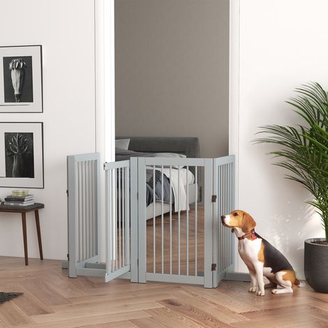 Cancelletto per cani, autoportante, pieghevole, con porta e piedini, struttura in legno, 220x36x91 cm, grigio chiaro
