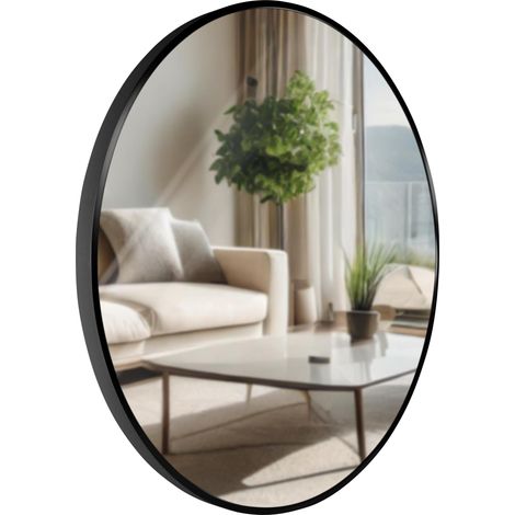 Miroir mural rond 60 cm cadre minimaliste noir 3 cm design moderne fixation murale incluse 100008442