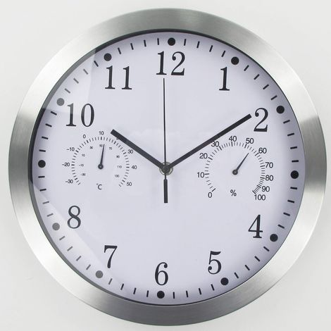 [JAMAIS UTILISÉ]Horloge murale ronde à quartz, horloge murale intérieure silencieuse en aluminium avec thermomètre et hygromètre pour salon, cuisine, bureau (blanc) (1/5)