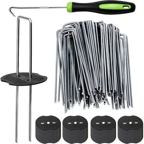 Lot de 50 piquets de jardin + 50 joints, 15,2 cm Agrafes de paysage de pelouse galvanisées en forme de U de calibre 11 Épingles de sol robustes pour décoration de tissu de gazon 15,2 cm (1/5)