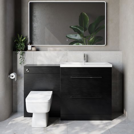 Napoli 390 Cento Nero Oak 1400mm 2 Drawer Vanity Unit Toilet Suite with Glide Basin - 1400mm - Chrome 480mm HandleWith Kingston Toilet Pan and Seat