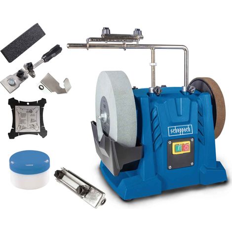 Nass-Schleifsystem Tiger 7000s Scheppach inkl. Homekit Schleifmaschine 200W Induktionsmotor Schleifstein 250 x 50 mm 220k Vorrichtung 40/60/70 Abziehpaste Steinpräparierer Winkellehre