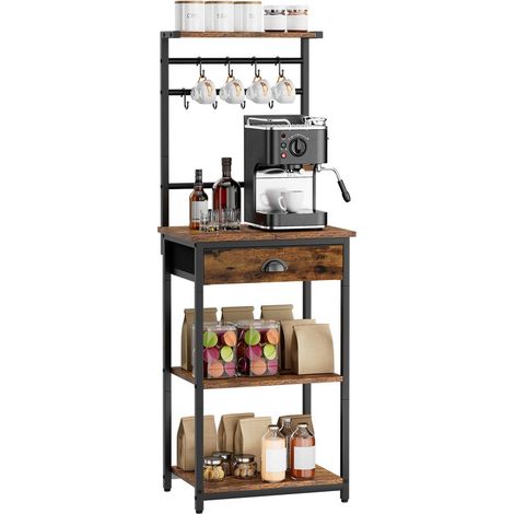 Height-Adjustable 5-Tier Coffee Stand with Fabric Drawers, 8 S-Shaped Hooks & Corner Bar Cabinet for Kitchen & Living Room (1/4)