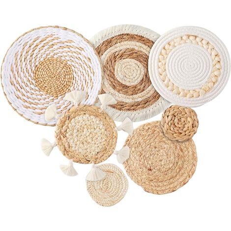 Ensemble de 7 Paniers Muraux en Paille, Décoration Bohème Tissée à la Main pour Salon et Chambre