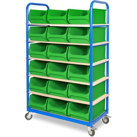 BRB Etagenwagen mit 6 Ebenen, BxTxH 1050x500x1690 mm, mit 18 Sichtlagerkästen LB2 (grün)