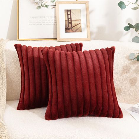 Lot de 2 Housses de Coussin en Peluche Douce 35x35, Housse Decorative a Rayures Moelleuses pour Canape et Chambre, Bordeaux (Sans Rembourrage) (1/5)