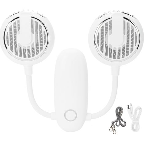 Ventilateur de voyage USB à double tête rotatif 360°, portable à accrocher autour du cou pour extérieur - Blanc