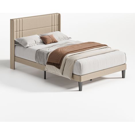 Cama Matrimoniales Tapizada de 140 x 200 cm Bealife con Cabecero Tela de Lino Estructura de Madera y Metal con Espacio de Almacenaje de 20 cm Beige