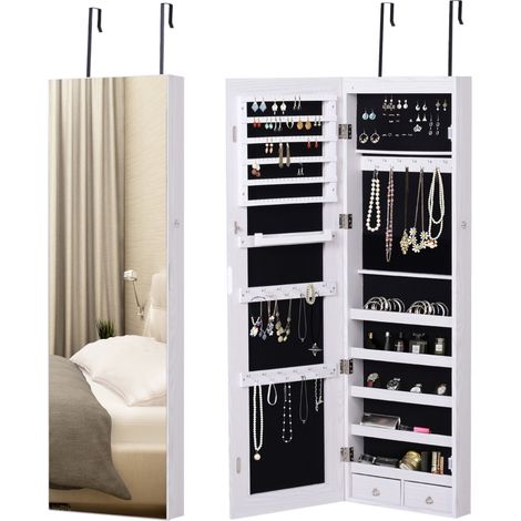 Jewelry Cabinet with Mirror and LED Lights, Lockable Makeup Cosmetics Jewellery Organiser, Mirror with Storage for Bedroom Dressing Room, White
