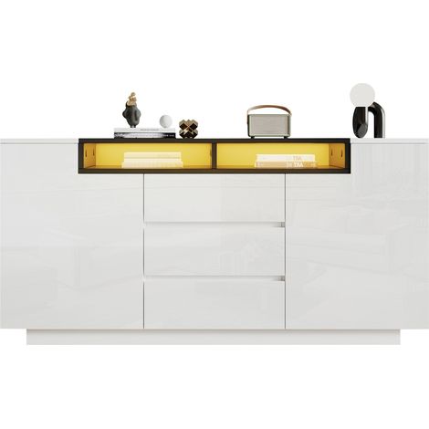 Wohnzimmerschrank 140 x 40 x 68 cm Weiß und Schwarz mit 2 Türen, 3 Schubladen und LED (1/5)