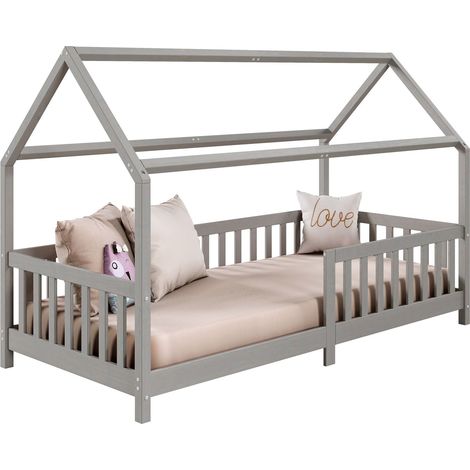 Idimex – Lit cabane 90 x 200 cm en pin massif lasuré gris – Barrières modulables pour sécurité – Assemblage facile avec notice - NINA 90 X