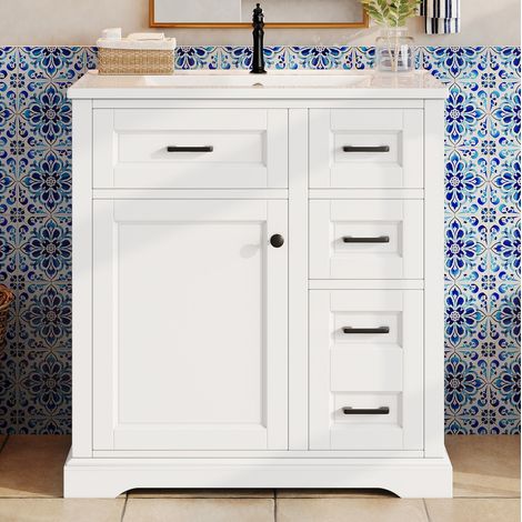 Meuble de salle de bain avec lavabo céramique intégré 76 x 47 x 82 cm blanc MDF (1/5)