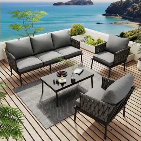 Ensemble de mobilier de jardin en acier galvanisé gris, 4 pièces avec coussins, canapé 3 places, 2 fauteuils et table basse en verre (1/5)