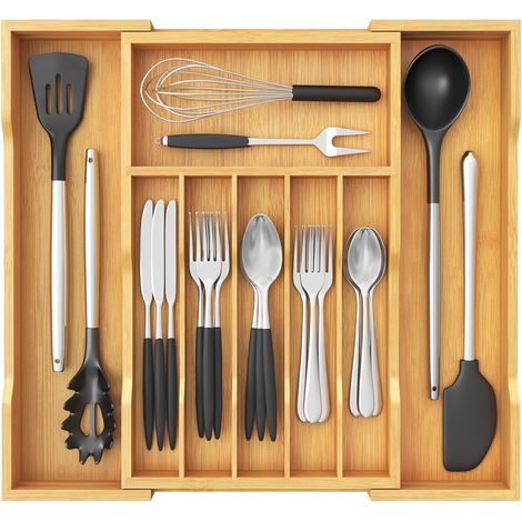 Range Couverts en Bambou pour Tiroir, Rangement Ustensiles Extensible de 30,5 cm à 53 cm, Profondeur de 43 cm, Organisateur vaisselle de Cuisine, Porte Separateur pour Cuillère/Fourchette (1/5)