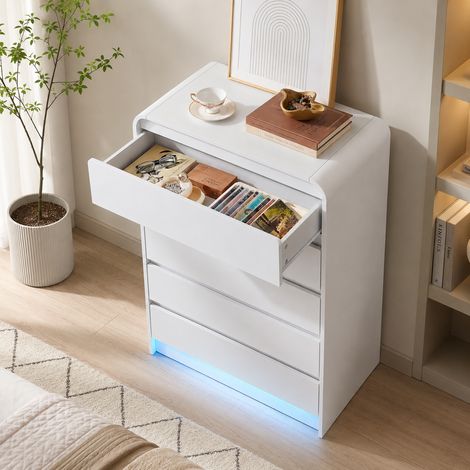 Commode à 5 tiroirs 73×40×110cm, lumière LED, meuble de rangement, grande capacité, anti-basculement, commode chambre, design à coins arrondis, style moderne, pour chambres et salons, MDF, Blanc (1/5)