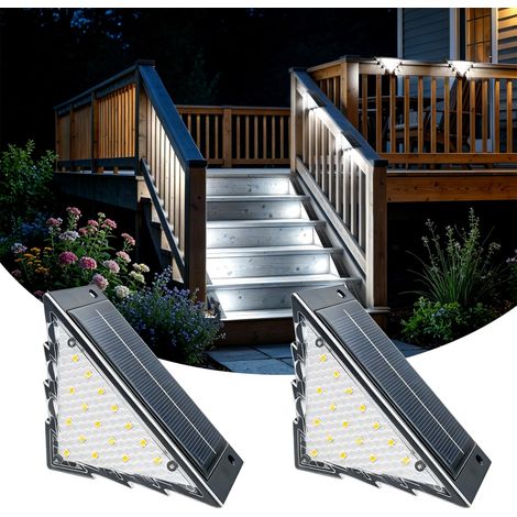 Lot de 2 lampes solaires d'escalier d'extérieur - Lumière blanc froid - 22 LED - Applique murale solaire pour clôture, terrasse, gouttière - Étanche IP65 - Pour jardin, extérieur, escaliers (1/5)