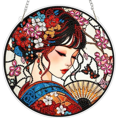 Diamant Painting Anhänger Geisha mit Kette, Fensterbild Hängedekoration 20x20cm (1/4)