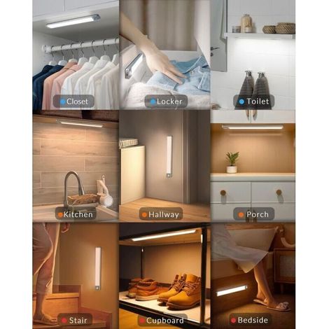 Lampe LED Rechargeable pour Placard avec Détecteur de Mouvement 3 Modes 3 Couleurs Réglable Sans Fil pour Cuisine Armoire Sous-Meuble (1/5)