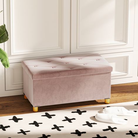 Capacité Rangement Banc Rembourré Charge Salon Chambre Mobilier Intérieur Velours Rose 67 l 120 kg 76x38x38cm