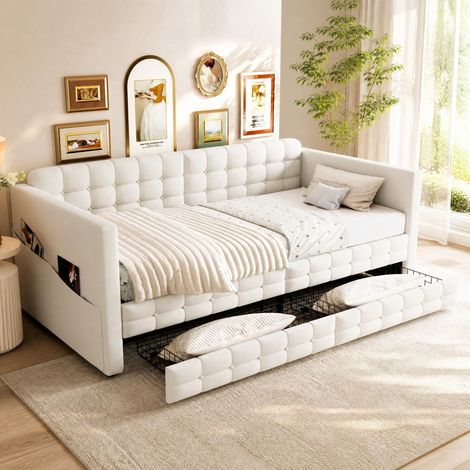 Lit rembourré 90x190 avec 2 tiroirs, poches de rangement latérales, tissu velours beige HAVRYA (1/5)