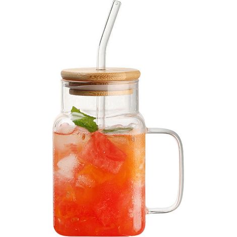 Verre À Boisson En Verre Borosilicate Avec Couvercle En Bambou Et Paille - Verre À Poignée Pour Mojito Soda Smoothie Whisky Café Glacé Cocktail Thé Jus - 20 Oz (1/5)