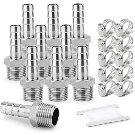 10PCS Raccords pour tuyaux d'air en acier inoxydable 304 forgé, Raccords pour tuyaux Barb 8MM Barb x 1/4" MBSP Adaptateur de tuyau avec 10PCS Collier de serrage pour tuyau (1/5)