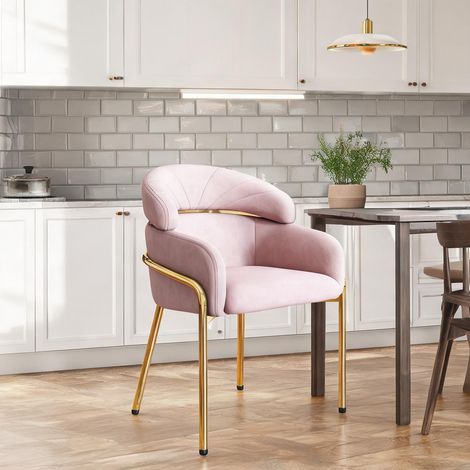 Fauteuil de salle à manger en velours rose avec piètement métal (1/5)