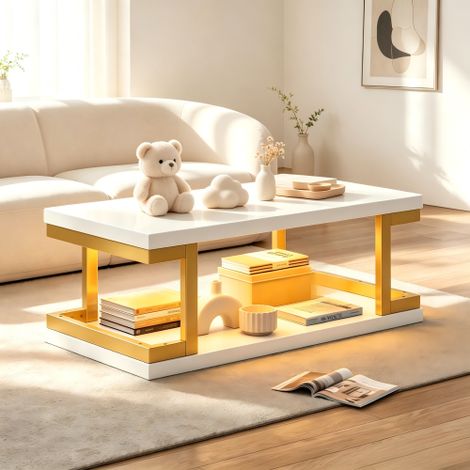 Tavolino rettangolare bianco e oro con illuminazione a LED, tavolino laterale, tavolino da divano, tavolino da soggiorno realizzato in MDF e metallo, adatto per soggiorno, sala da pranzo o studio, por (1/5)