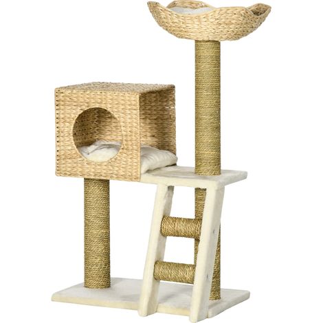Árbol rascador para gatos, de dos niveles, diseño tejido natural, color beige. (1/2)