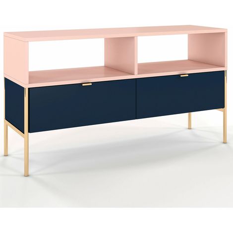 Selsey LESARI - TV-Lowboard / Fernsehschrank mit 2 Schubladen, 2 offenen Fächern, Metallgestell in Gold, 120 cm (Dunkelblau / Pink) (1/5)