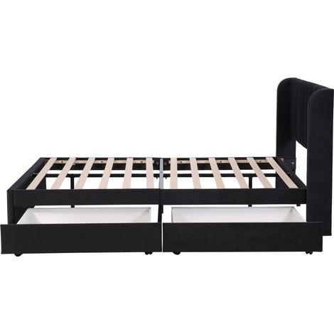 Lit capitonné 140 x 200 cm en velours noir avec sommier, tête de lit et 2 tiroirs MODENUIT (1/5)