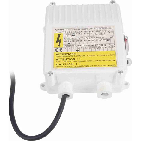 Boîtier de commande avec disjoncteur thermique intégré pour pompes d'aspiration domestiques submersibles de puits profonds 0,55 kW 0,5 CV 20 µF 5 A Prise UE 220 V (1/5)