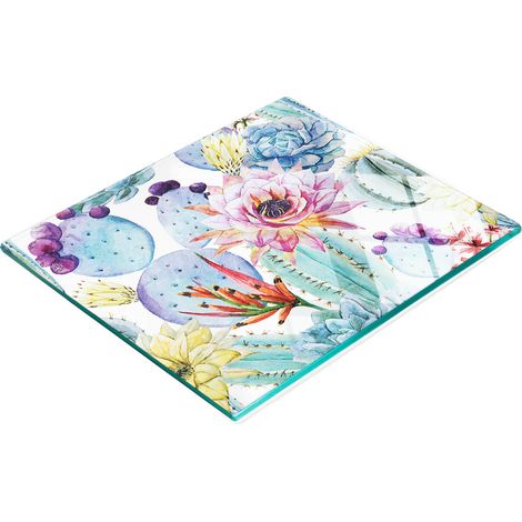 Tabla de cocina de vidrio templado con dise帽o decorativo de flores de cactus, 60x52 cm. (1/5)