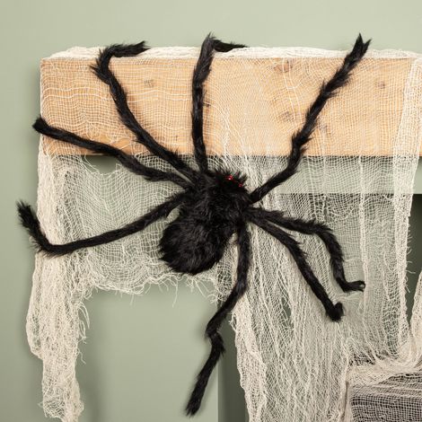 90cm Black Furry Halloween Spider Decoration with Extendable Legs and Red Eyes (1/5)