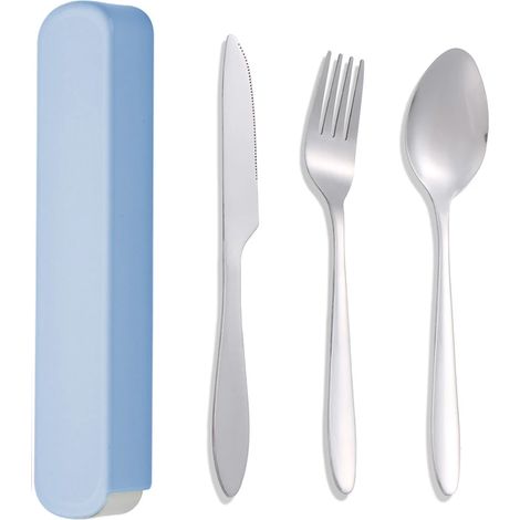 (Bleu) Couverts, couteaux, fourchettes et cuillères utilisés par les élèves pour les repas à l'école, avec une boîte de rangement. (1/5)