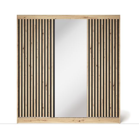 Les Tendances – Armoire coulissante MERIKO 180cm – 2 portes miroir et bois chêne artisan – Mécanisme Laguna Fast – Dimensions L 180 x H 204 x P 60 cm (1/5)