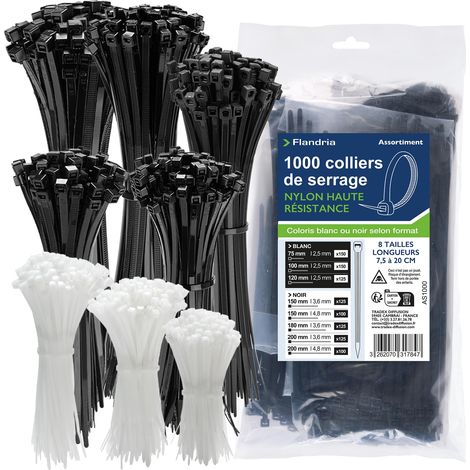 Flandria 1000 fascette stringicavi autobloccanti assortite – Fascette per cavi bianco e nero UV – 8 misure da 75 a 200 mm – Fascette per cavi ad alta resistenza per elettricità, fai da te, giardino e (1/5)
