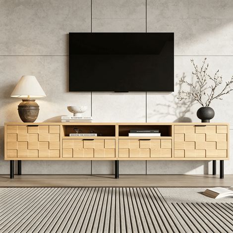 Meuble TV bas 200x35x44,5cm banc TV salon pour TV 80 pouces 2 portes battantes 2 tiroirs niches ouvertes décor 3D effet bois naturel (1/5)