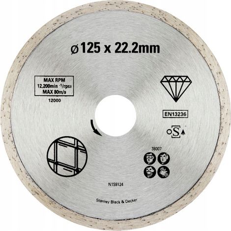 Disque diamant 125mm pour meuleuse – Alésage 22,2mm – Coupe nette pour carrelage, béton et pavés – Utilisation intensive – Stanley Black & Decker (1/4)