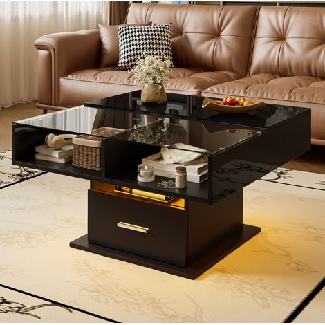Tavolino da caffè alzabile 78x78x45.5/59.5 cm nero in truciolare con LED, cassetto e vano contenitore (1/5)
