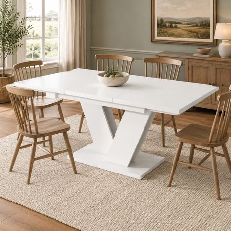 Esstisch- und Stuhlset 120/160x80 cm weiß mit 6 beigen Stühlen (1/5)