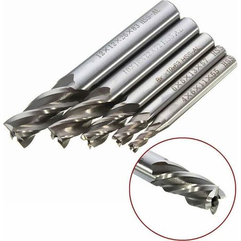 Satz mit 5 Schaftfräsern mit geradem Schaft und 4 Schneiden, 4/6/8/10/12 mm, aus HSS-Schnellarbeitsstahl