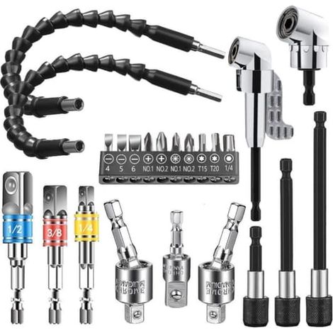 Jeu de 23 tournevis universels flexibles - Adaptateur de perceuse à angle droit et rallonge de foret, compatible avec Dewalt, Bosch, Makita et autres. (1/5)