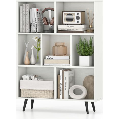GOPLUS Bibliotheque à 3 Niveaux, Étagère Blanche en Bois avec 7 Compartiments, 4 Pieds Métalliques Inclinés, Dispositif Anti-basculement, Meuble de Rangment pour Salon, Bureau, 80x24x107CM (1/5)