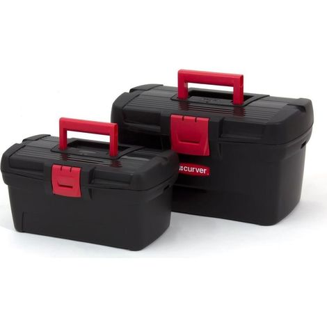 LOT DE 2X HEROBOX CURVER ORGANISEUR BOITE A OUTIL COFFRET NOIR-ROUGE PRATIQUE