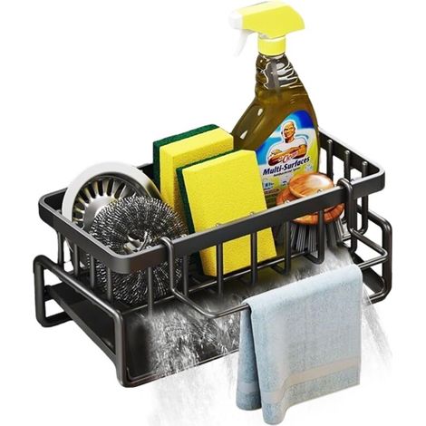 Organisateur d'évier de cuisine avec égouttoir automatique et porte-éponge, noir (1/5)
