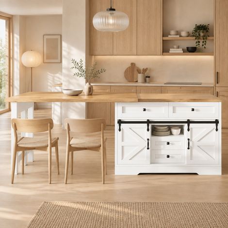 Mueble de cocina 2 en 1 con mesa extensible, blanco, MDF HAVRYA (1/5)