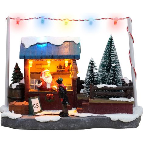 LED Weihnachtsszene Verkaufsstand mit Weihnachtsmann - 19 x 14 cm - Deko Winterstadt Verkaufsbude bunt beleuchtet- Weihnachtsdorf Szene Tischdekoration Weihnachtsdeko beleuchtet